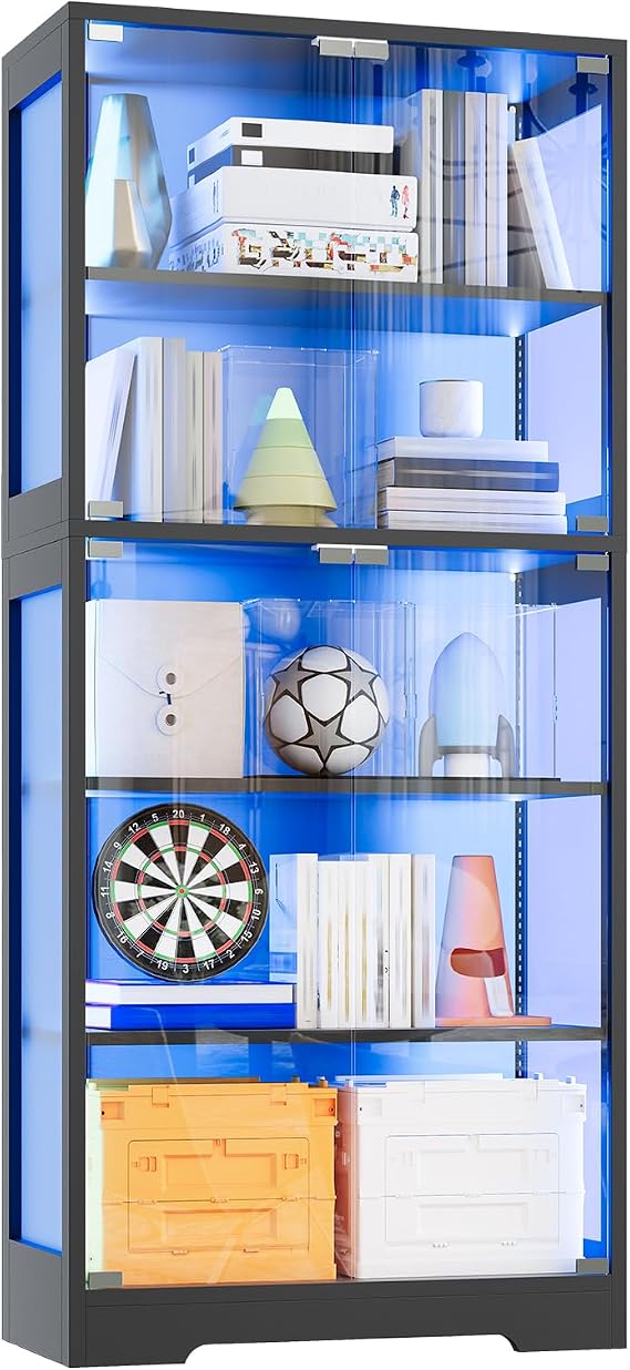 Glass Display Cabinet with Doors, 5 Tier Modern Curio Cabinet with RGB LED Lights, Tall Glass Showcase Storage Cabinet for Collectibles and Decor