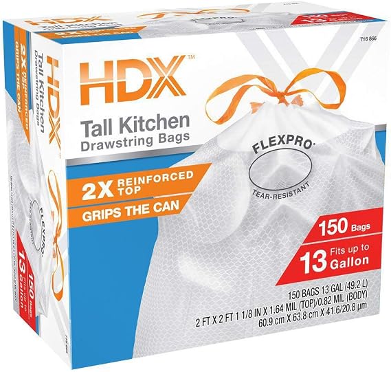 HDX 13 Gal. FlexPro Reinforced Top Drawstring Kitchen Bags (150-Count)