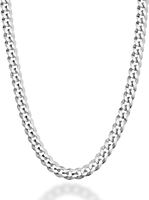 Miabella ソリッドイタリアンダイヤモンドカットキューバリンクカーブチェーンネックレス レディース メンズ イタリア製, 24 inches, スターリングシルバー, ジェムストーンなし