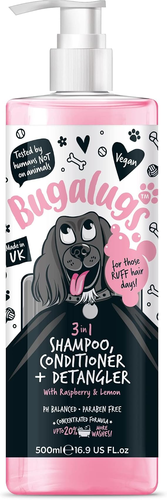 BUGALUGS 3-in-1 Dog Shampoo, Conditioner & Detangler – Raspberry & Lemon Scented Grooming for Smelly Dogs, Puppy Coat Care, Pet Accessories (500ml) (BSDTCDE500)