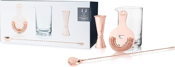 Viski Copper Bartender Kit 4pcs Set | Drink Mixers for Cocktails Gift Essentials: Mixing Glass, Hawthorne Strainer, Japanese-Style Double Jigger and Weighted Barspoon