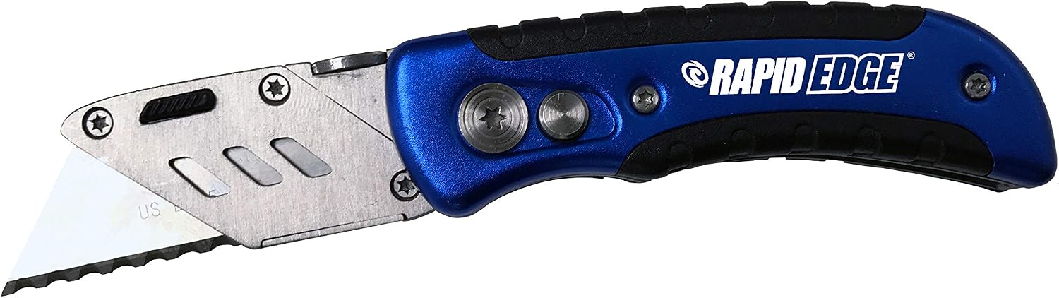 Rapid Edge Folding Utility Knife with Serrated Blade, Anodized Aluminum Handle, 5X Longer Blade Life and Quick Change ButtonKnife Only