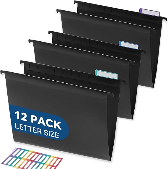 SortRax Plastic Hanging File Folders, Letter Size, Tear-Resistant, Black