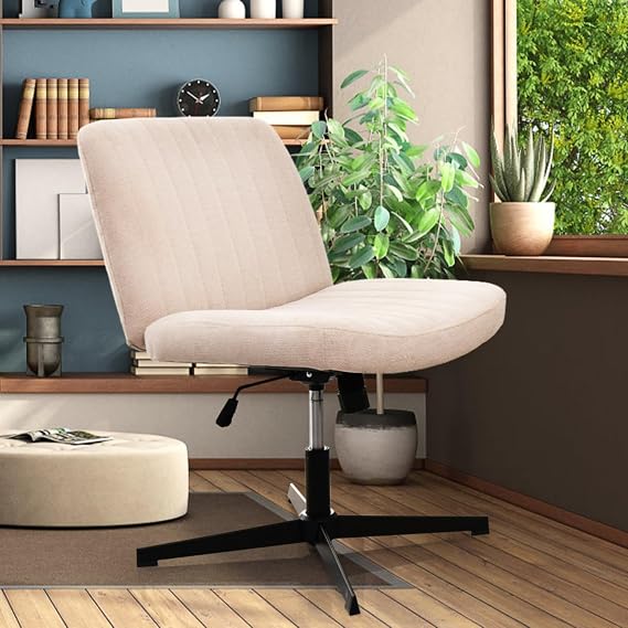 Cross Legged Office Chair with Extra Wide Seat and Ergonomic Lumbar Support, Armless Fabric Desk Chair Without Wheels, Adjustable Height and Swivel Task Chair for Home Office