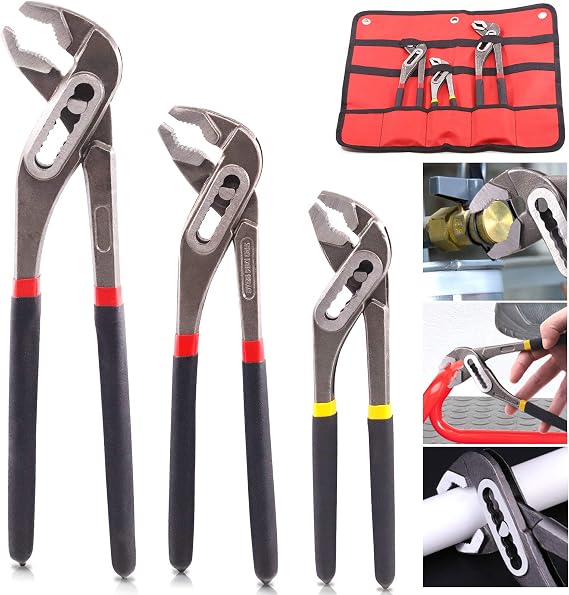 Keadic 3 Pack Groove Joint Pliers Set 8" 10" 12" Adjustable Water Pump Pliers Serrated Jaws and Comfort Dip-grip Handle for Home Repair