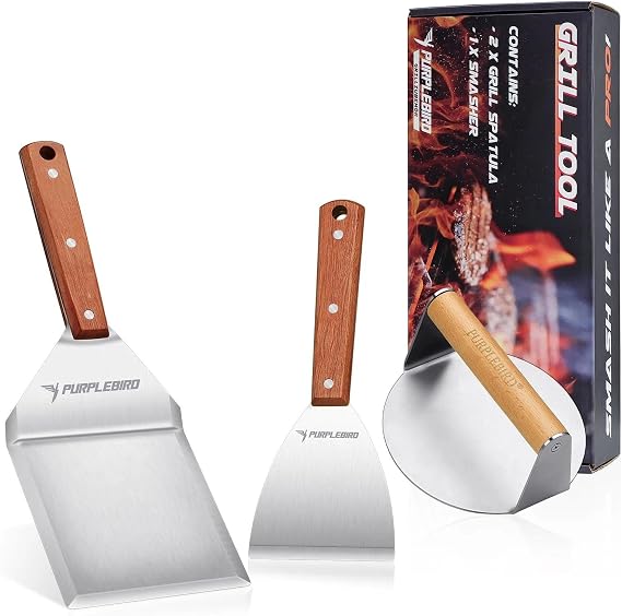 PURPLEBIRD Smash Burger Press Kit 3PCS Set, Stainless Griddle Spatulas Set