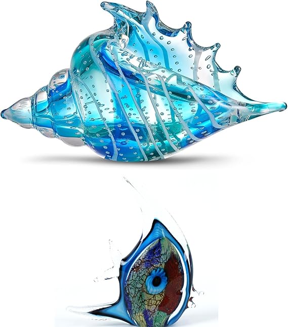 EUSTUMA Hand Blown Glass Conch Fish Figurines,Sea Animal Ornament for Home Decor,Sea Animals Collection for Birthday Gift,Glass Seashell