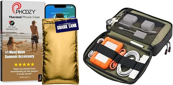 PHOOZY Thermal Phone Case - Apollo Series (Large Gold) + Tech Bag & Cable Organizer Bag for Travel Accessories (Black)