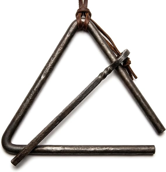 Artisan Owl Forged Metal Triangle Chuckwagon Dinner Bell with Hand Cut Leather Strap - Rustic Western Style Hotrolled Steel Bell for Outdoor or Indoor Use