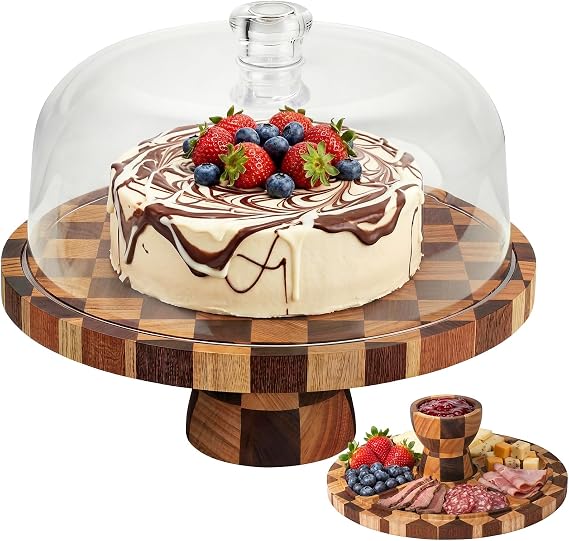 Metflavor Cake Stand with Shatterproof Acrylic Dome Lid - 12in Wooden Cake Stand, 2-in-1 Dessert Display & Charcuterie Board, Checkered Platter for Serving Cupcakes, Cheese and Fruits