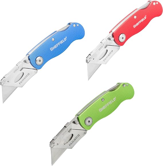 Sheffield Folding Utility Knife 3 Pack, Quick Change Utility Knife Blades, Compact Aluminum Handle, Box Cutter, Razor Blades Included