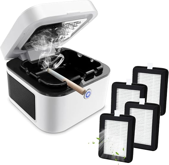 Smokeless Ashtray, Multifunctional Ashtray, Ash Purifier,with 4 HEPA Filter,Reduce Smoke, USB Charging for Home, Car or Office (White)