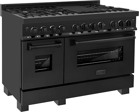 ZLINE 48" 6.0 cu. ft. Dual Fuel Range with Gas Stove and Electric Oven in Black Stainless Steel with Brass Burners (RAB-48)
