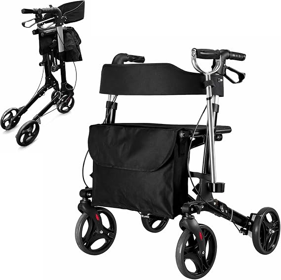 Folding Rollator Walker with Seat, Compact Mobility Walker with 8" Wheels, Foldable Adjustable Height Walkers for Elderly and Disabled, Space-Saving & Portable (Black)