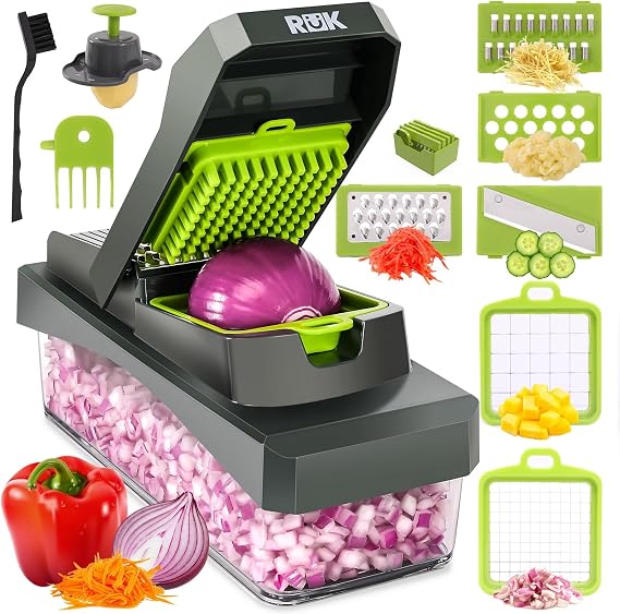 RuK 10-in-1 Vegetable Chopper 6 Blade Veggie Chopper with Container, Food Dicer, Onion Cutter, Cheese Grater, Mandoline Slicer, Kitchen Gadgets & Home Essentials (Gray)