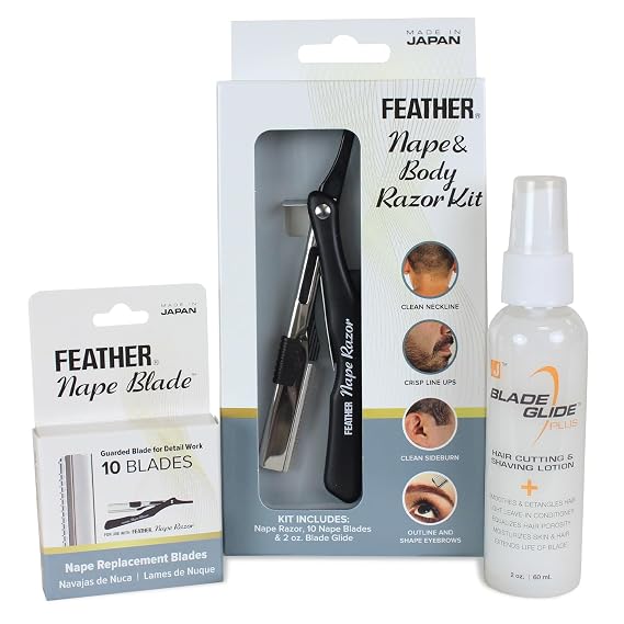 Feather Nape and Body Razor Kit with 10 Guarded Blades & 2 oz Blade Glide