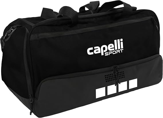 Capelli Sport Duffel Bag, Pitch I Large Travel Gym Bag with Shoe Compartment and Adjustable Shoulder Strap, Black/White
