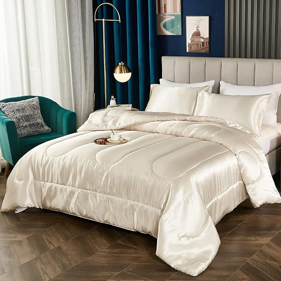 3PC Silky Comforter Set Satin Comforter Silky Alternative Down Comforter Soft Filling 1 Comforter 2 Pillowcase..(Olympic Queen Ivory)
