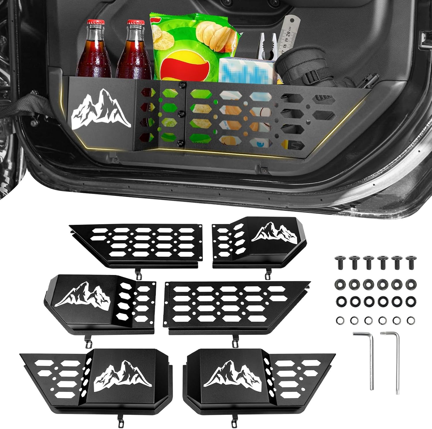 Metal Front & Rear Door Storage Box Pockets for 2018-2025 Jeep Wrangler JL JLU 4XE2020-2025 Gladiator JT, Door Insert Molle Panels Organizer for JL JLU 4XE JT 4 Door Interior Accessories 4PCS