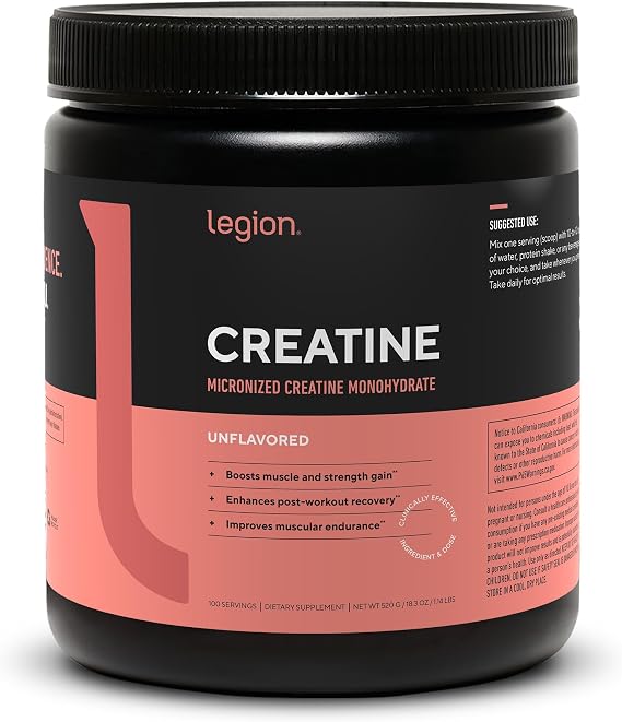 LEGION Micronized Creatine Monohydrate Supplement - Clean Creatine Powder for Muscle Gain & Post Workout Recovery - Micronized Creatine Supplement for Maximum Absorption (100 Servings, Unflavored)