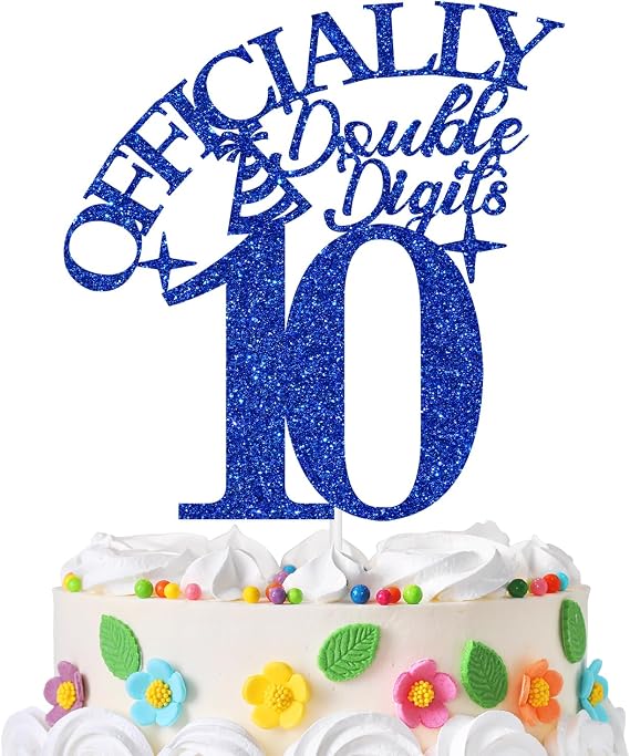 Double Digits 10 Cake Topper, Out Single Digits I'm Ten, Boys Girls Happy 10th Birthday Party Decorations Supplies Blue Glitter