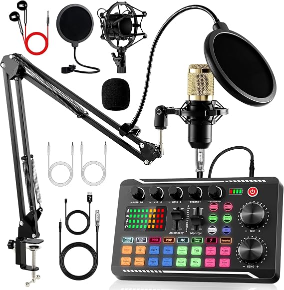 Podcast Equipment Bundle, F998 Audio Mixer with BM800 Microphone | Podcast Equipment with Sound Card, Recording Studio Equipment for Podcasting Singing Gaming Live Streaming YouTube Tiktok