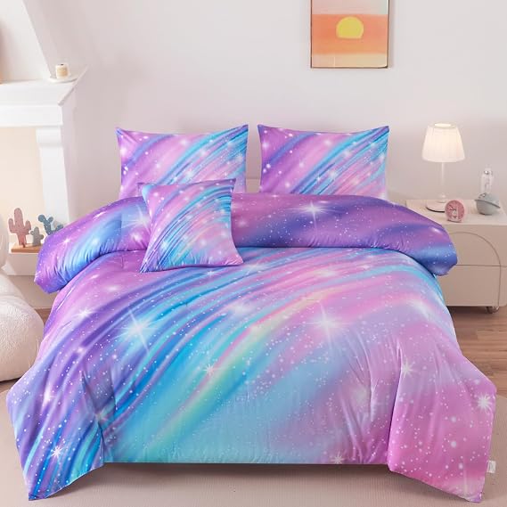 Twin Bedding Set for Girls, Glitter Rainbow Comforter Set for Girls, Galaxy Purple Bedding Sets Twin Size