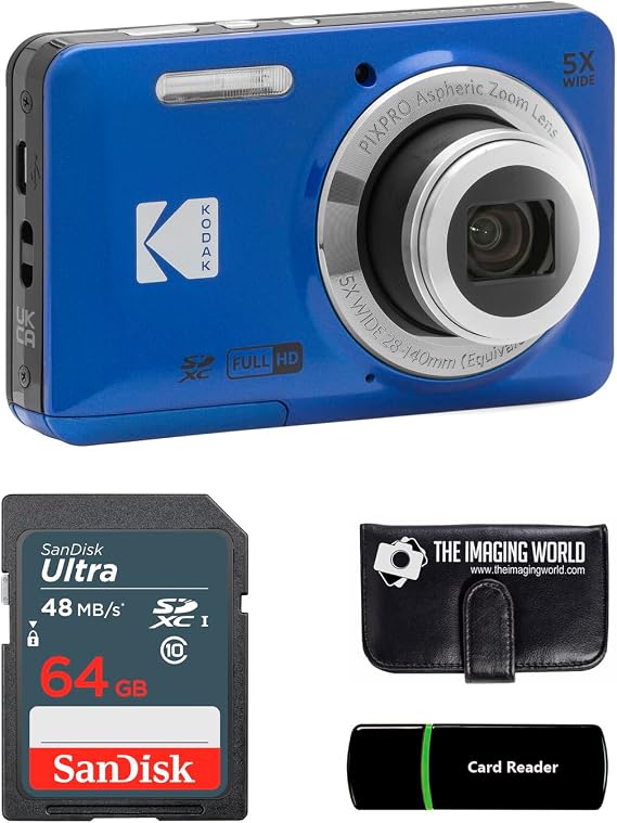 Kodak PIXPRO FZ55 Blue 16MP Digital Camera 5X Optical Zoom 28mm Wide Angle 1080P Full HD Video 2.7" LCD Camera + 64GB Card and Reader + Memory Wallet
