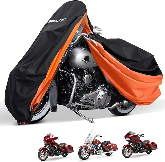 Benlari Upgraded Waterproof Motorcycle Cover with Side Box Compatible with Harley Davidson Touring Models Street Glide/Road Glide/Electra Glide/Honda, Outdoor All Weather Protection (107" x 43" x 50")
