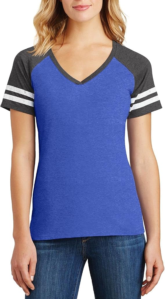 JustBlanks Womens Game Short Sleeves Tee Stripes Sleeves Comfortable Tee Crossover V-Neck T-Shirt for Women