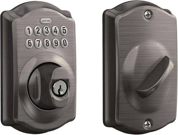 Schlage Electronic Keypad Deadbolt Lock, Plymouth Trim, Antique Pewter | Keyless entry door lock, Push button keypad deadbolt, Key backup included, Certified security, Easy install, BE365