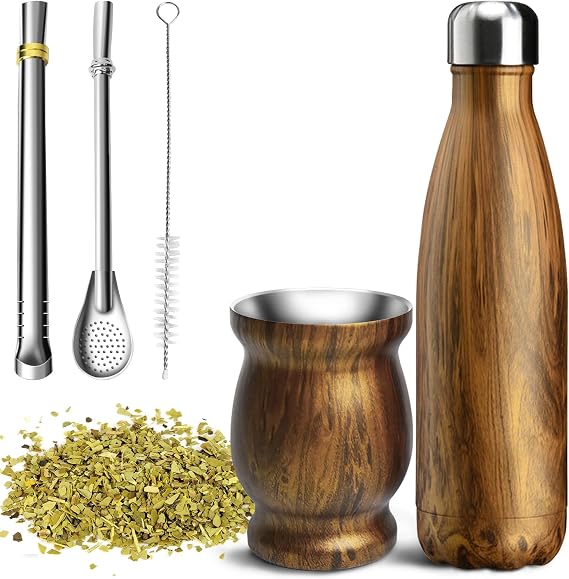 Artcome 5pc Stainless Steel Yerba Mate Cup Set - 1 8.5oz Stainless Steel Double-Wall Mate Cup, 1 17oz Thermos, 2 Bombillas (Yerba Mate Straw), 1 Brush, Easy to Clean, Solid and Durable