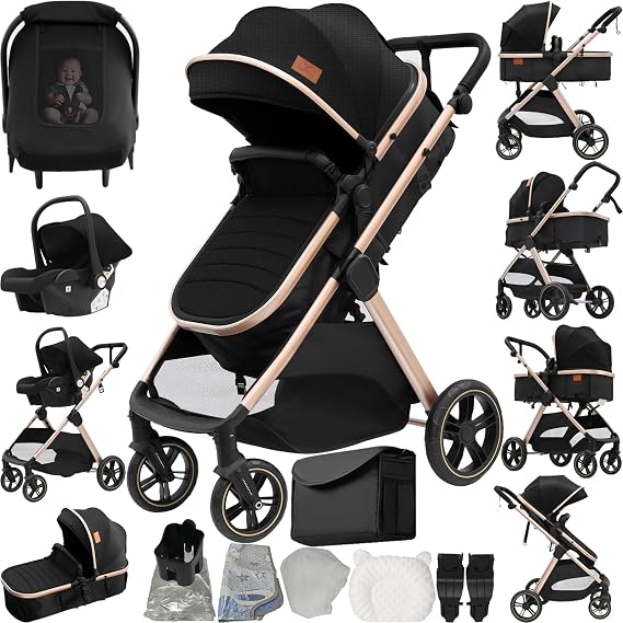 3 in 1 Baby Stroller Travel System, Pushchair 3 in 1 Set, Toddler Pram with Reversible Two Pushing Modes, Newborn Buggy Aluminum Frame, Infant Carriage One-Click Folding (V10 Black Gold)