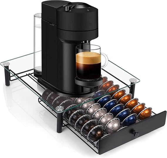 Coffee Pod Holder Drawer for Nespresso Vertuo Pods, 40-Pod Glass Top