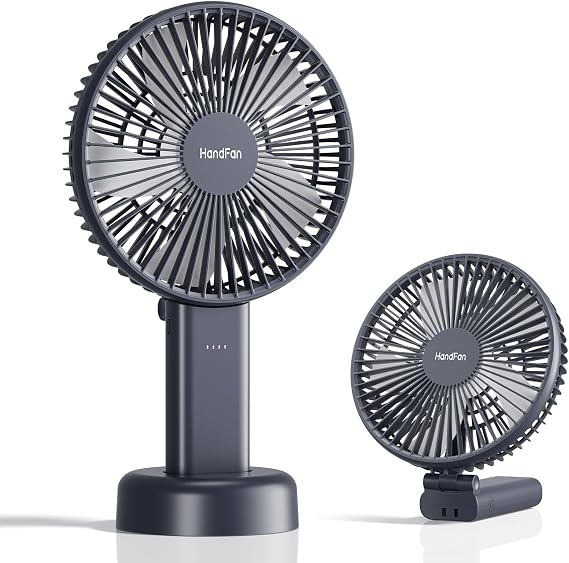 HandFan Quiet 6 Inch Handheld Fan [34H Max Cooling Time], 6 Speed Rechargeable Personal fan and Desktop with Base, 180 Foldable for Travel Concerts Makeup Office (Grey)