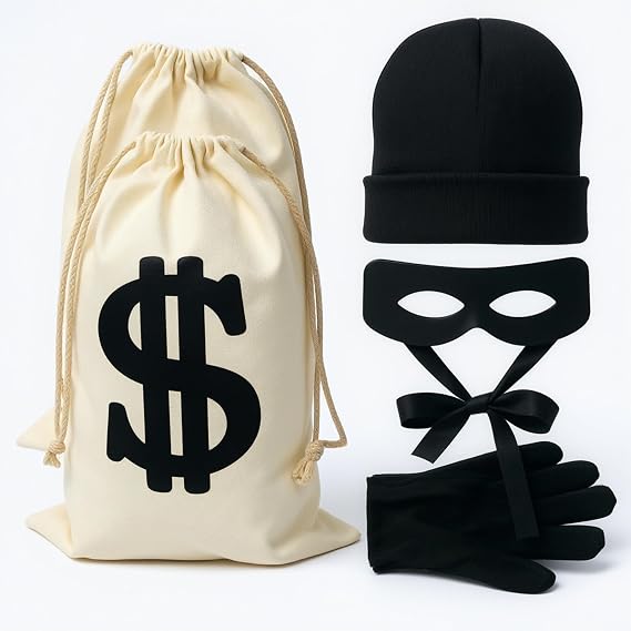 Robber Costume Set,include robber mask Money bag knitted hat gloves for playing cops and robbers,burglar Halloween costume