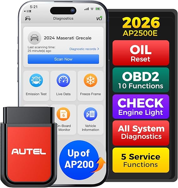 Autel AP2500E/AP2500 OBD2 Scanner Bluetooth Code Reader, Upgraded of AP200, OBDII Scanner All-System Diagnostic Tool, CAN FD, 5 Hot Resets, AutoVIN, Check Engine Light, Car Code Reader for Android/iOS