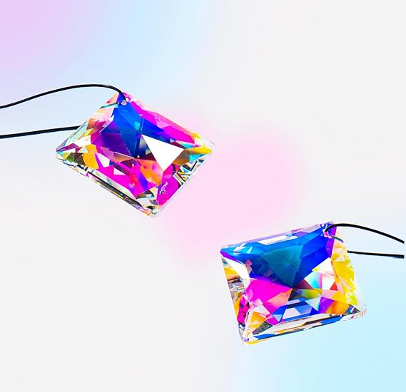 2 Pack Square Crystal Rainbow Prism Pendant, Diamond Shape, Iridescent Light Catcher, Christmas Hanging Suncatcher (A)