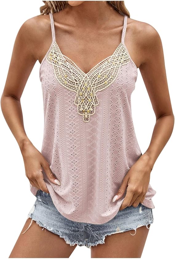Womens Eyelet Tank Top Lace Patchwork V-Neck Spaghetti Strap Camisole Summer Breathable Hollow Out Sleeveless Vest