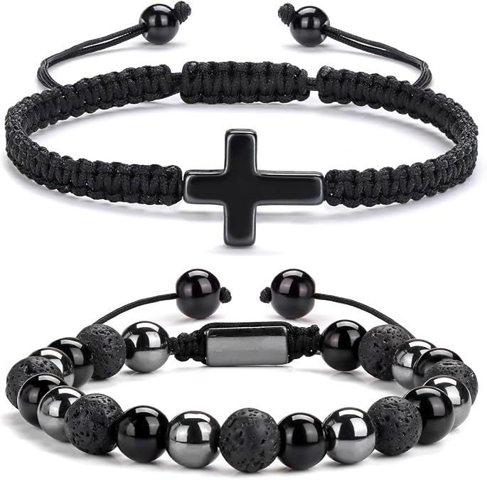 Vinswet 2 pcs Cross Beaded Bracelets for Men,8mm Black Obsidian Tiger eyes Hematite Mens Triple Protection Bracelet Set Fathers Day Birthday Jewelry Gifts