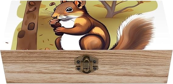 Wooden Storage Box Large Wooden Keepsake Box Nut-eating Squirrel Jewelry Box with Lid And Front Clasp Office Desk Organizer Bins Wood Gift Box Decorative Wood Box for Crafts