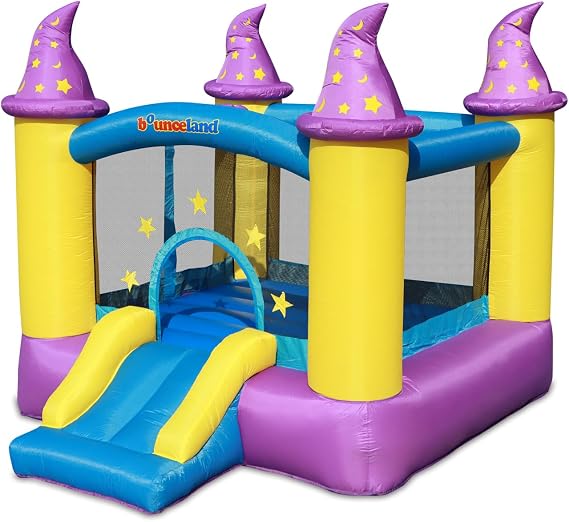 Wizard Inflatable Bounce House Bouncer, Spacious Bouncing Area with Fun Slide, Safe hook-and-loop fastener Entrance, Basketball Hoop, Fun Party Wizard Castle Theme, Inflated Size: 9 ft x 8 ft x 7 ft H
