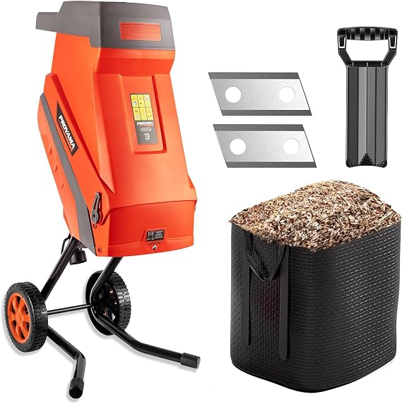 PROYAMA 15 - Amp Electric Wood Chipper, Corded Shredder with Collection Bag and Push Stick, Double Sided Blade System, Auto Shut - Off, 1.7 Inch Cutting Capacity for Leaves, Grass, Clippings