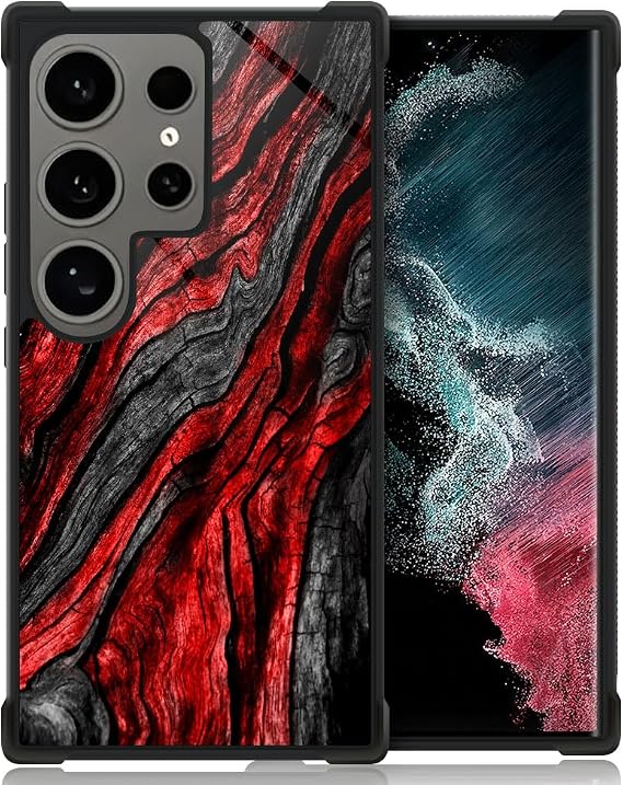 CARLOCA Compatible with Samsung Galaxy S24 Ultra Case,Black Red Wood Grain Pattern Ultra Protection Shockproof Soft Silicone TPU Non-Slip Back for Samsung Galaxy S24 Ultra