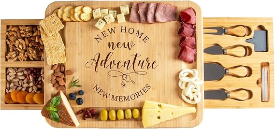 Charcuterie Board Set Gift- Housewarming Gifts for New Home Homeowner, New Home Gift Couple, Engraved Bamboo Cheese Board for Serving, First House Presents for Neighbor Friends, Realtor Closing Gifts