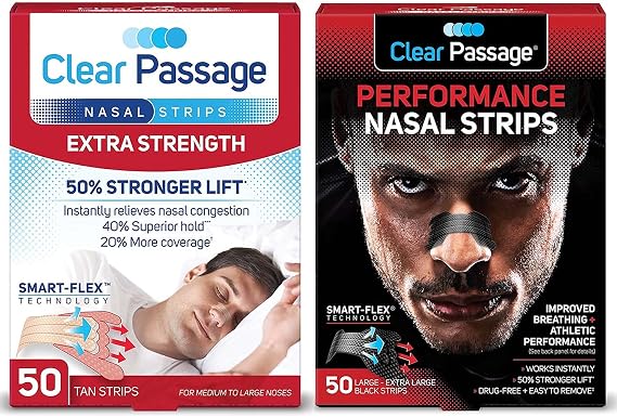 Clear Passage Nasal Strips Extra Strength, Tan, 50 Count + Performance Nasal Strips for Athletes, Black, 50 Count Bundle