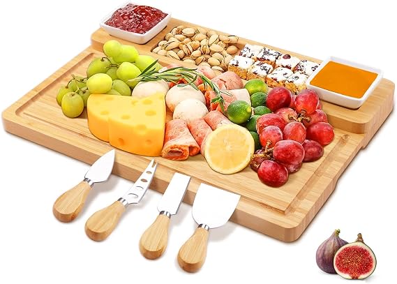 Charcuterie Boards Set, Cheese Board and Knife Set with 2 Ceramic Bowls, Bamboo Cheese Tray Serving Board - Unique, Wedding, Housewarming, Birthday Gifts
