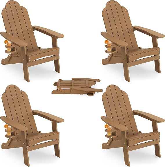 LUE BONA HDPE Folding Adirondack Chair, Cup Holder, Set of 4, Brown