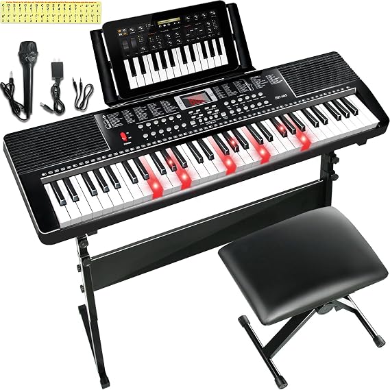 61 Key Keyboard Piano for Beginners with Lighted Keys & Pro Teaching Modes,Includes Stand, Bench, Microphone, Music Stand,70 Demos, 200 Rhythms/Tones, Gift for Beginners