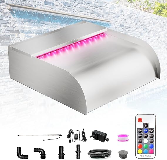 LONGRUN 30cm Pond Waterfall Blade Kit, 304 Stainless Steel Waterfall Feature Spillway, Outdoor Pool Fountain with 7 Colors LED Lights and Remote Control, Width 31cm